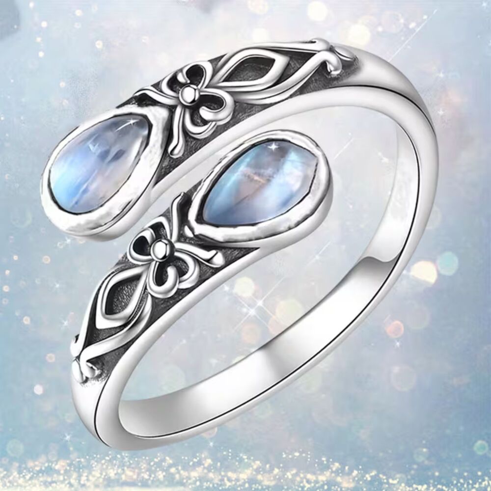 Silver Moonstone Crystal Open Spoon Ring Criss Cross Adjustable Wrap Gemstone